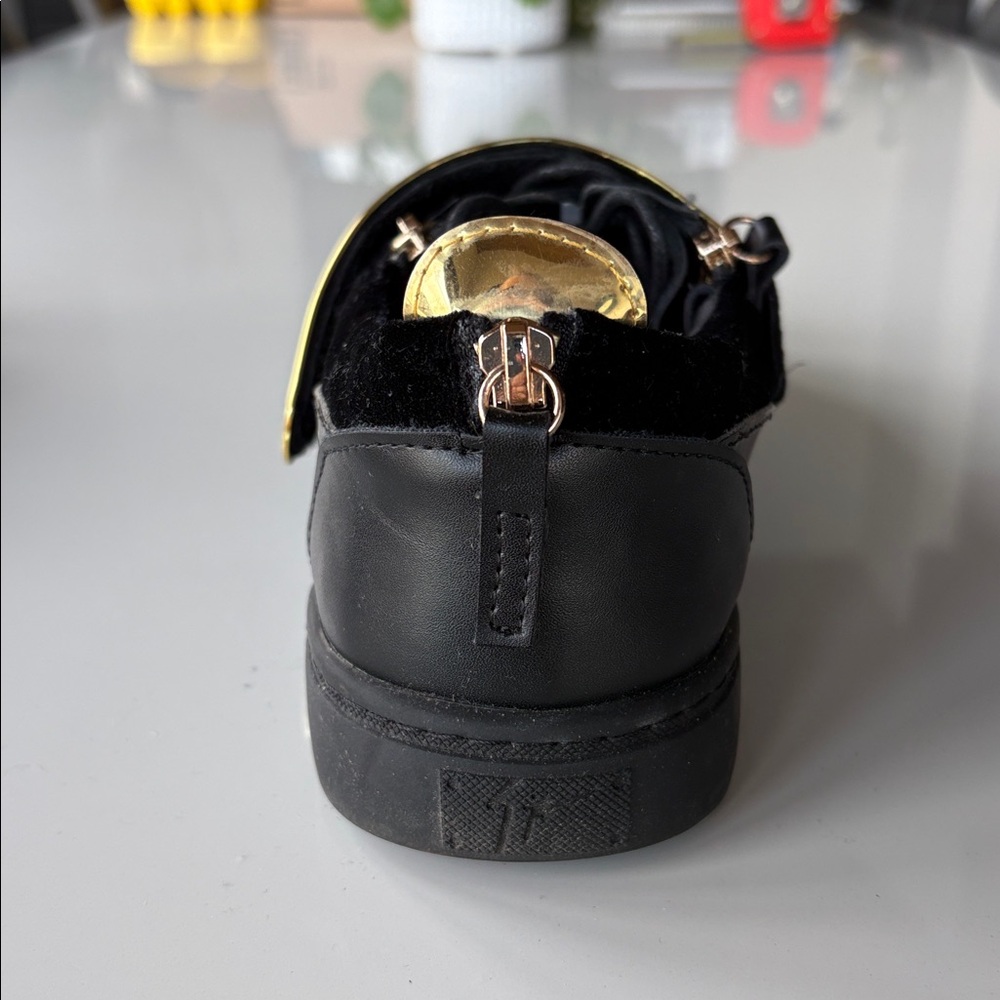 Giuseppe Zanotti Black Leather and Velvet Sneakers with Gold Accents - Picture 4 of 6